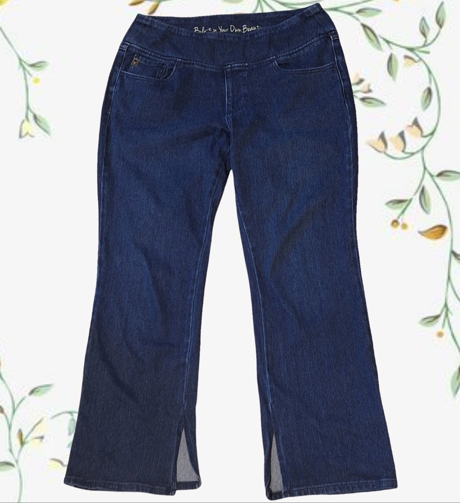 'Belle' by Kim Gravel dark blue denim Boot Cut vented jeans, Sz. 12P